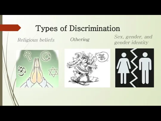 Types of Discrimination Religious beliefs Sex, gender, and gender identity Othering