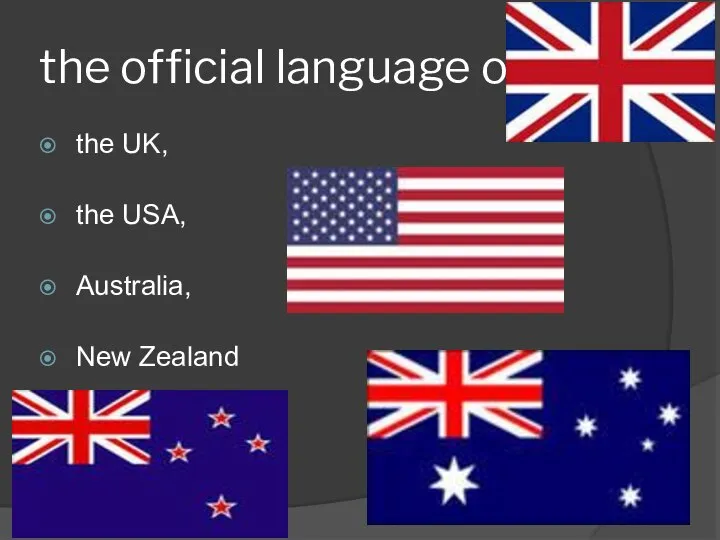 the official language of : the UK, the USA, Australia, New Zealand