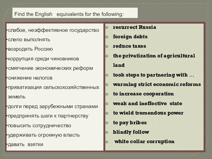слабое, неэффективное государство слепо выполнять возродить Россию коррупция среди чиновников смягчение