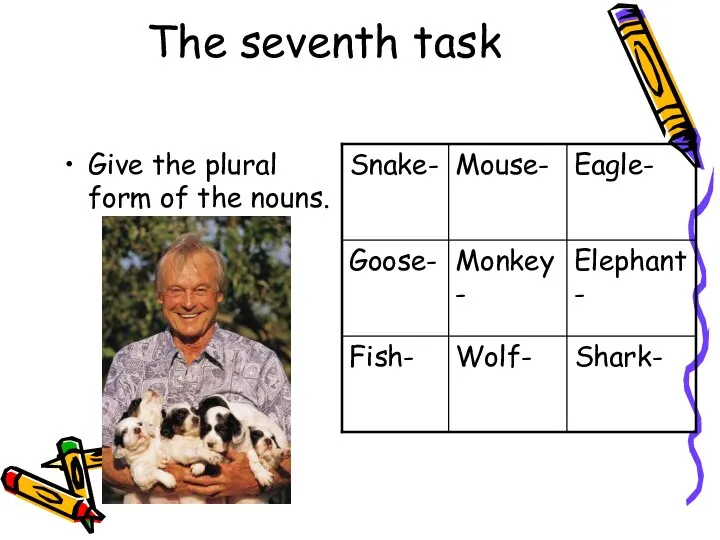 The seventh task Give the plural form of the nouns.