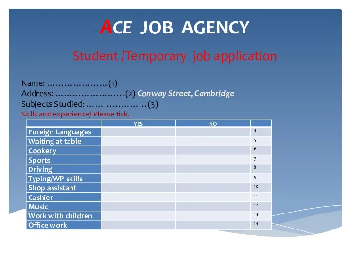 ACE JOB AGENCY Student /Temporary job application Name: …………………(1) Address: ……………………(2)