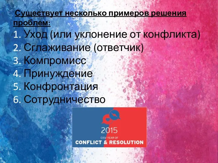 Существует несколько примеров решения проблем: 1. Уход (или уклонение от конфликта)