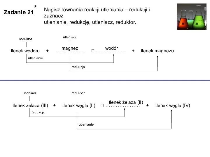 utlenianie redukcja reduktor utleniacz magnez wodór utlenianie redukcja reduktor utleniacz tlenek żelaza (II)