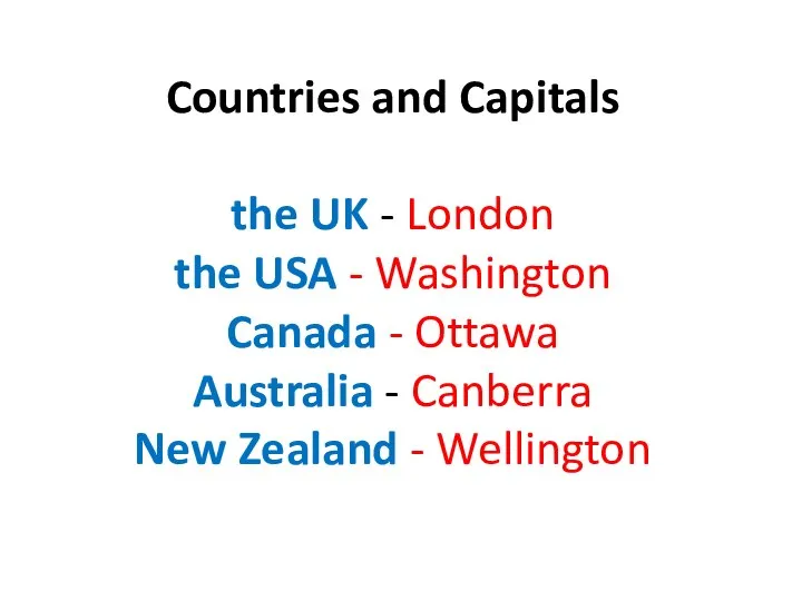 Countries and Capitals the UK - London the USA - Washington