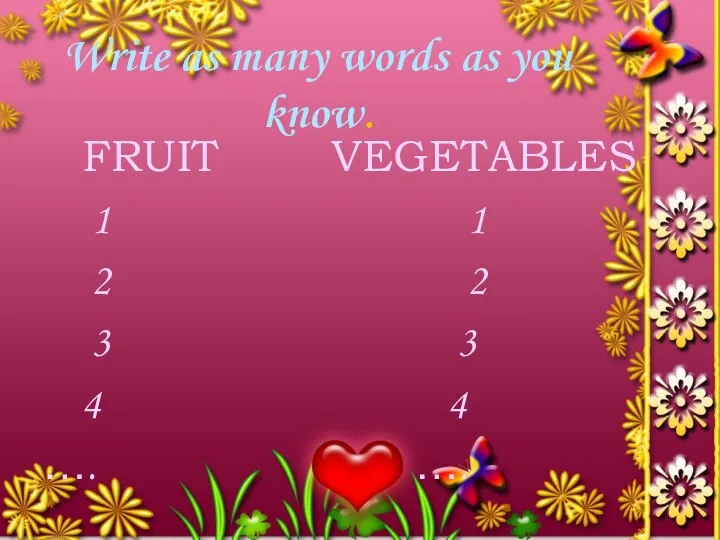 Write as many words as you know. FRUIT VEGETABLES 1 1