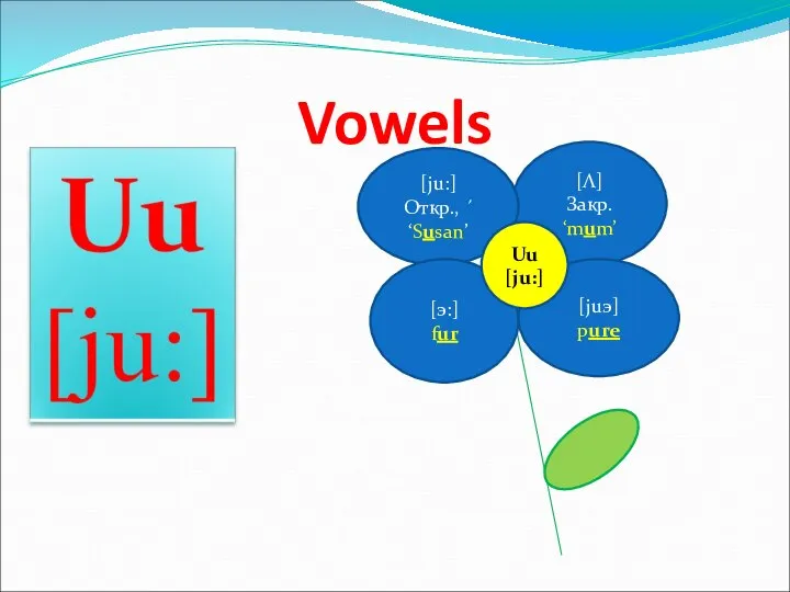 [Λ] Закр. ‘mum’ [ju:] Откр., ´ ‘Susan’ Vowels [э:] fur [juэ] pure Uu [ju:]