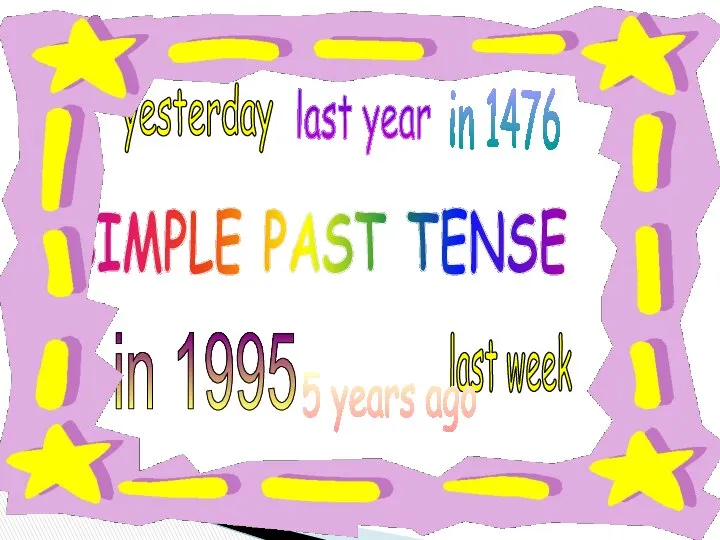 in 1995 last week yesterday 5 years ago in 1476 last year SIMPLE PAST TENSE