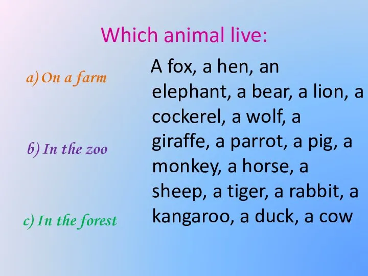 Which animal live: a) On a farm b) In the zoo