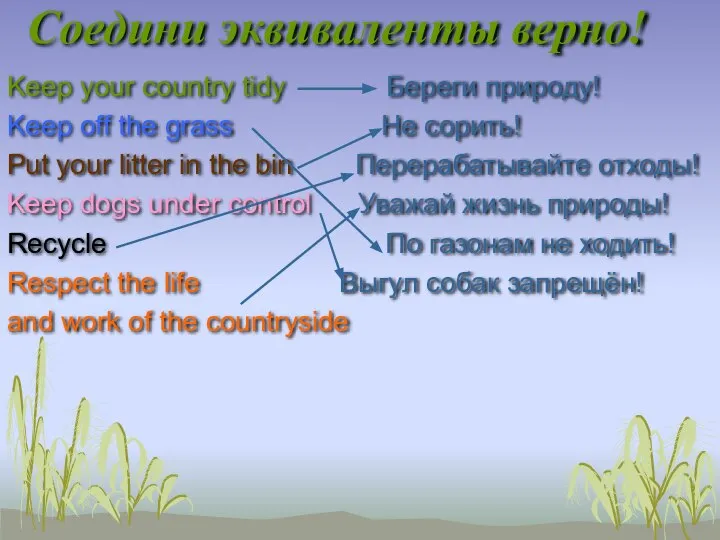 Соедини эквиваленты верно! Keep your country tidy Береги природу! Keep off