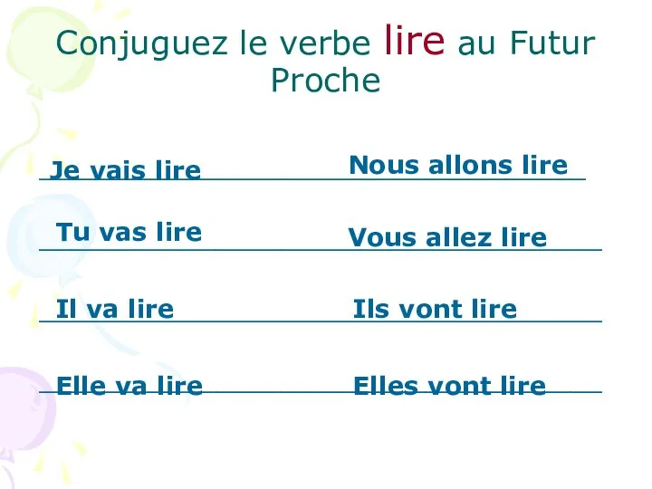 Conjuguez le verbe lire au Futur Proche __________________________________ ___________________________________ ___________________________________ ___________________________________