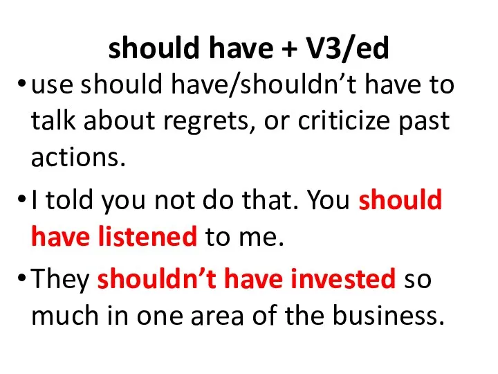 should have + V3/ed use should have/shouldn’t have to talk about