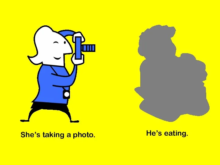 She’s taking a photo. He’s eating.