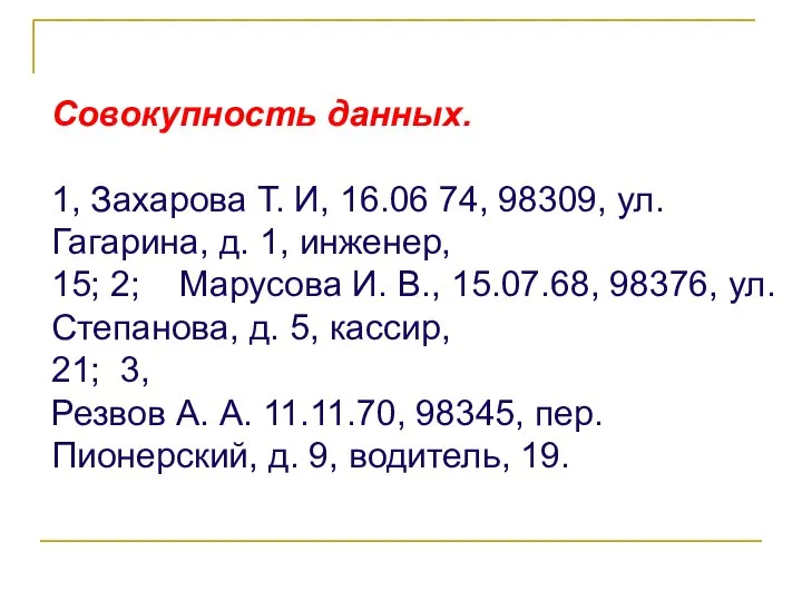 Совокупность данных. 1, Захарова Т. И, 16.06 74, 98309, ул. Гагарина,