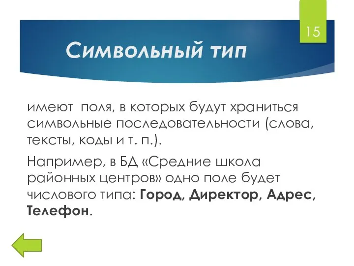 Символьный тип имеют поля, в которых будут храниться символьные последовательности (слова,