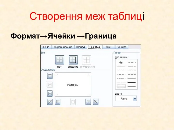 Створення меж таблиці Формат→Ячейки →Граница