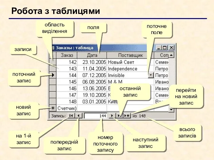 Робота з таблицями поля записи поточний запис область виділення новий запис