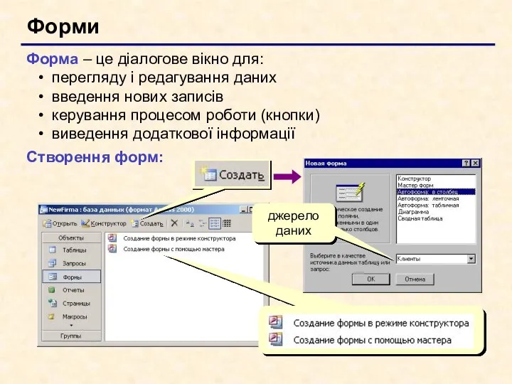 Форми Форма – це діалогове вікно для: перегляду і редагування даних