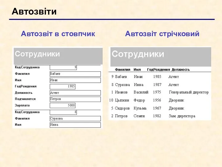 Автозвіти Автозвіт в стовпчик Автозвіт стрічковий