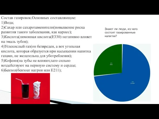 Состав газировок.Основных составляющие: 1)Вода; 2)Сахар или сахарозаменители(повышение риска развития такого заболевания,