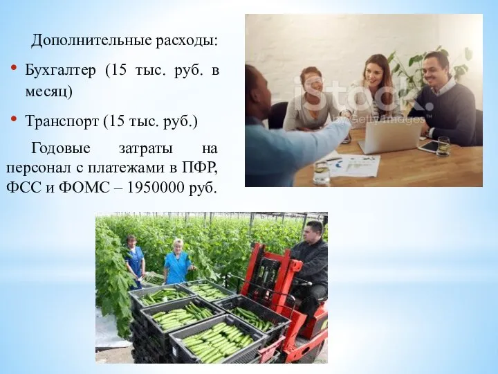 Дополнительные расходы: Бухгалтер (15 тыс. руб. в месяц) Транспорт (15 тыс.
