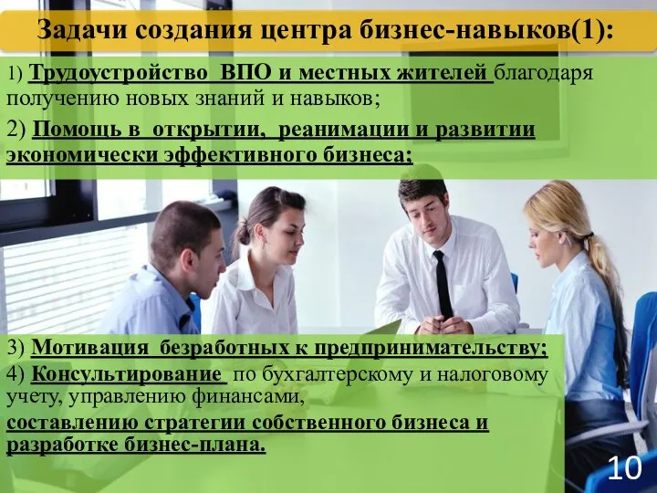 Задачи создания центра бизнес-навыков(1): 1) Трудоустройство ВПО и местных жителей благодаря