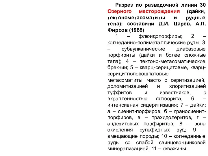 Разрез по разведочной линии 30 Озерного месторождения (дайки, тектонометасоматиты и рудные