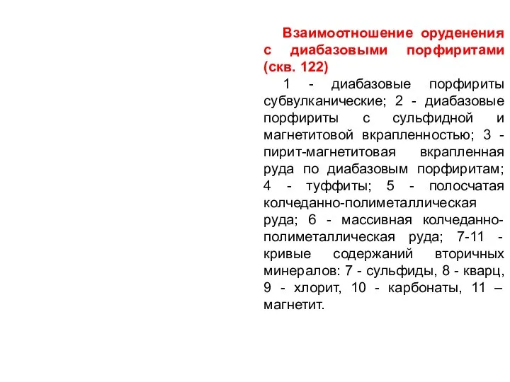 Взаимоотношение оруденения с диабазовыми порфиритами (скв. 122) 1 - диабазовые порфириты