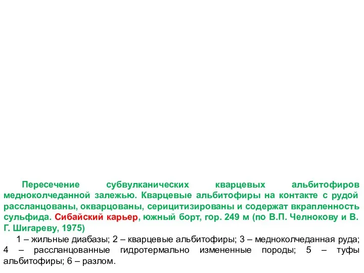 Пересечение субвулканических кварцевых альбитофиров медноколчеданной залежью. Кварцевые альбитофиры на контакте с