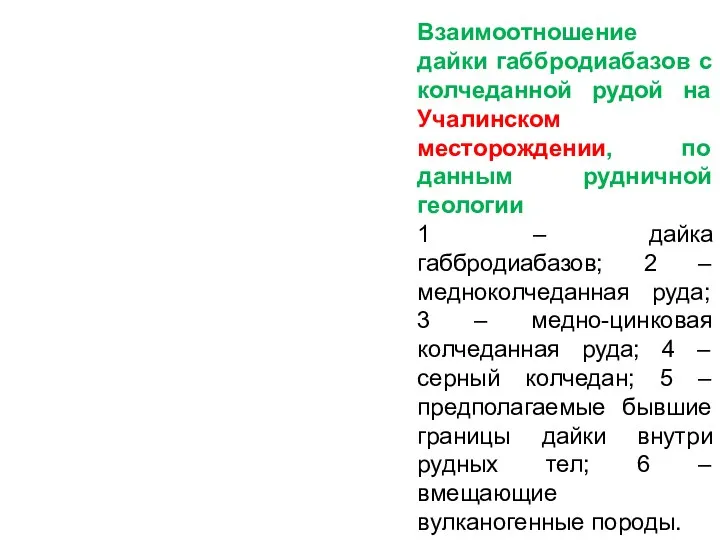 Взаимоотношение дайки габбродиабазов с колчеданной рудой на Учалинском месторождении, по данным