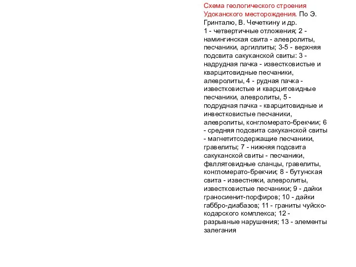 Схема геологического строения Удоканского месторождения. По Э.Гринталю, В. Чечеткину и др.