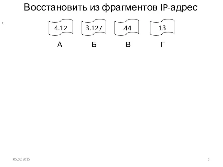 Восстановить из фрагментов IP-адрес : 05.02.2015