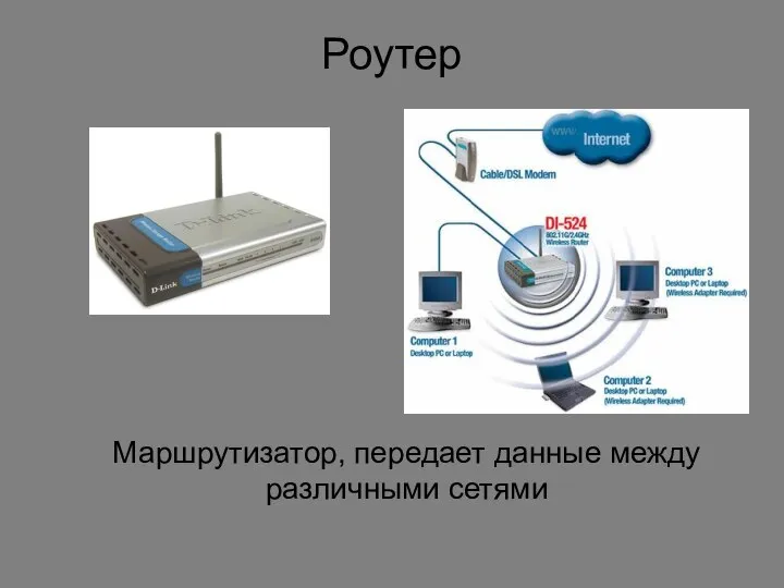 Роутер Маршрутизатор, передает данные между различными сетями