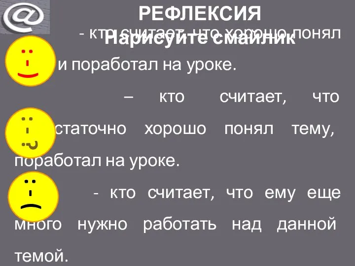 РЕФЛЕКСИЯ Нарисуйте смайлик - кто считает, что хорошо понял тему и