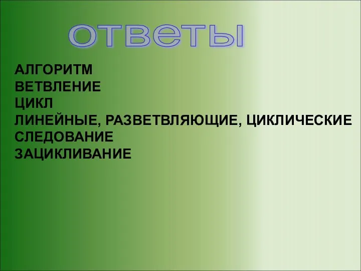 АЛГОРИТМ ВЕТВЛЕНИЕ ЦИКЛ ЛИНЕЙНЫЕ, РАЗВЕТВЛЯЮЩИЕ, ЦИКЛИЧЕСКИЕ СЛЕДОВАНИЕ ЗАЦИКЛИВАНИЕ ответы