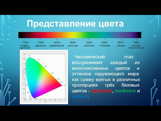 Представление цвета Человеческий глаз воспринимает каждый из многочисленных цветов и оттенков