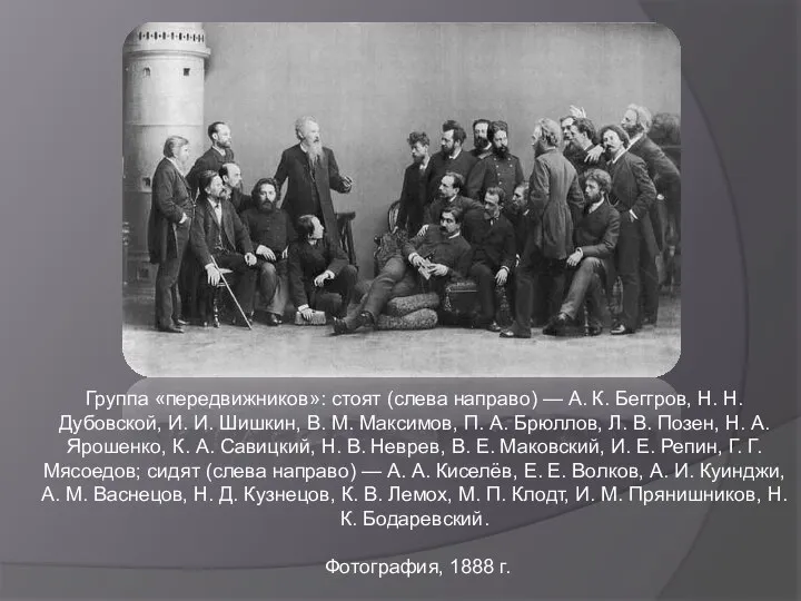 Группа «передвижников»: стоят (слева направо) — А. К. Беггров, Н. Н.