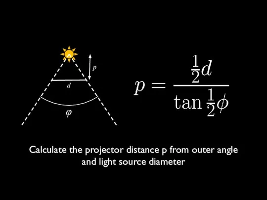 Calculate the projector distance p from outer angle and light source diameter