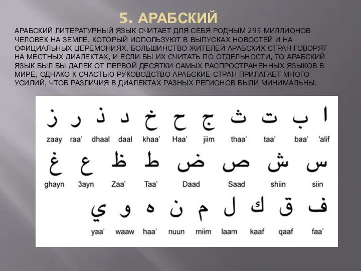 5. АРАБСКИЙ АРАБСКИЙ ЛИТЕРАТУРНЫЙ ЯЗЫК СЧИТАЕТ ДЛЯ СЕБЯ РОДНЫМ 295 МИЛЛИОНОВ