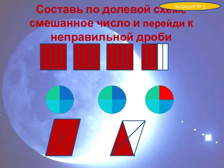 Составь по долевой схеме смешанное число и перейди к неправильной дроби Задание № 5