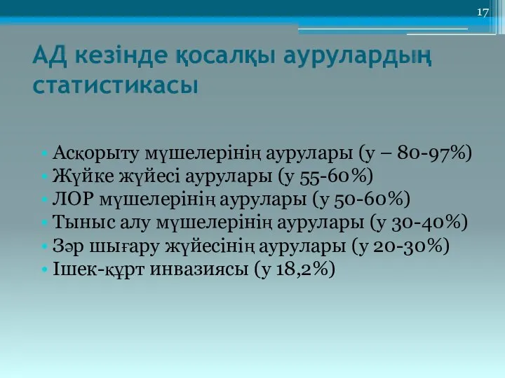 АД кезінде қосалқы аурулардың статистикасы Асқорыту мүшелерінің аурулары (у – 80-97%)