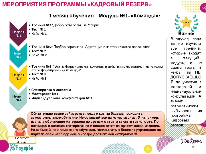 1 месяц обучения – Модуль №1- «Команда»: Важно: В случае, если