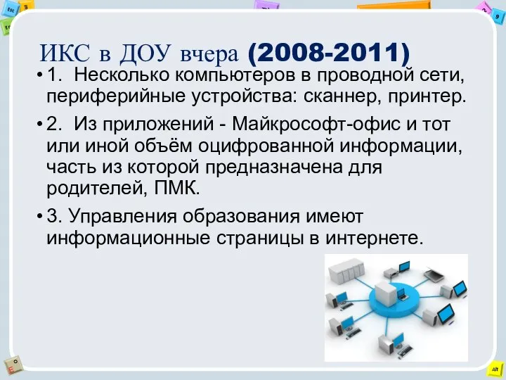 ИКС в ДОУ вчера (2008-2011) 1. Несколько компьютеров в проводной сети,