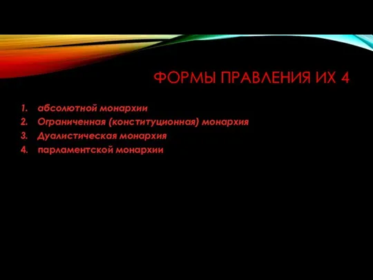 ФОРМЫ ПРАВЛЕНИЯ ИХ 4 абсолютной монархии Ограниченная (конституционная) монархия Дуалистическая монархия парламентской монархии