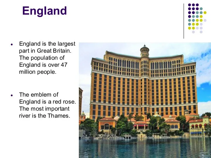 England England is the largest part in Great Britain. The population