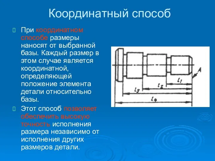 Координатный способ При координатном способе размеры наносят от выбранной базы. Каждый