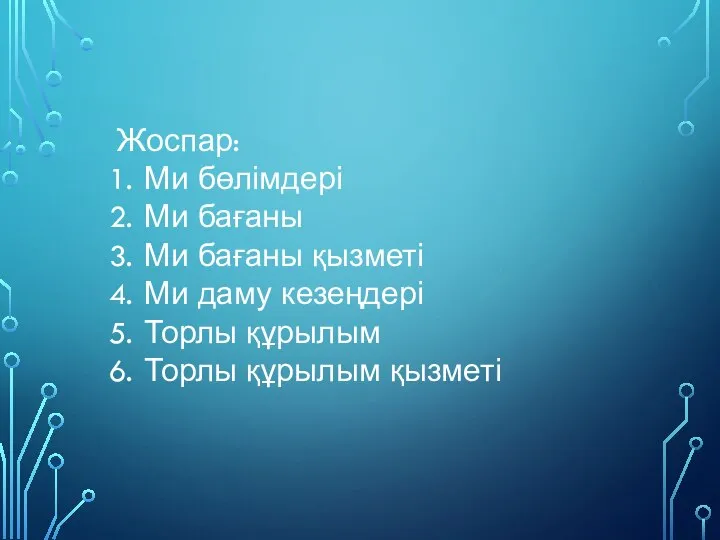 Жоспар: Ми бөлімдері Ми бағаны Ми бағаны қызметі Ми даму кезеңдері Торлы құрылым Торлы құрылым қызметі