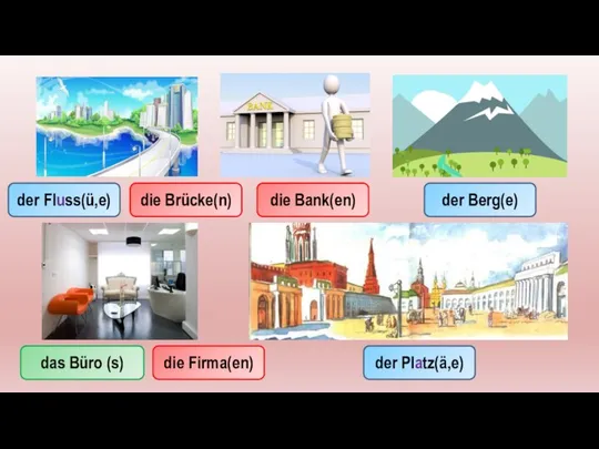 der Fluss(ü,e) die Brücke(n) die Bank(en) der Berg(e) das Büro (s) der Platz(ä,e) die Firma(en)