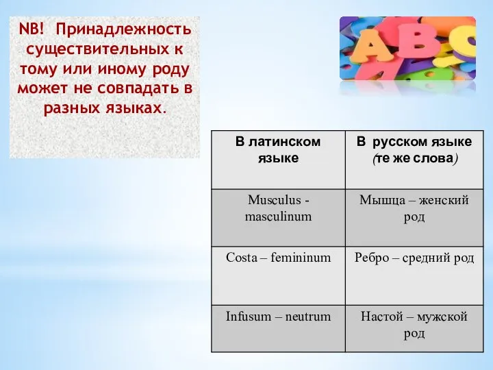 NB! Принадлежность существительных к тому или иному роду может не совпадать в разных языках.