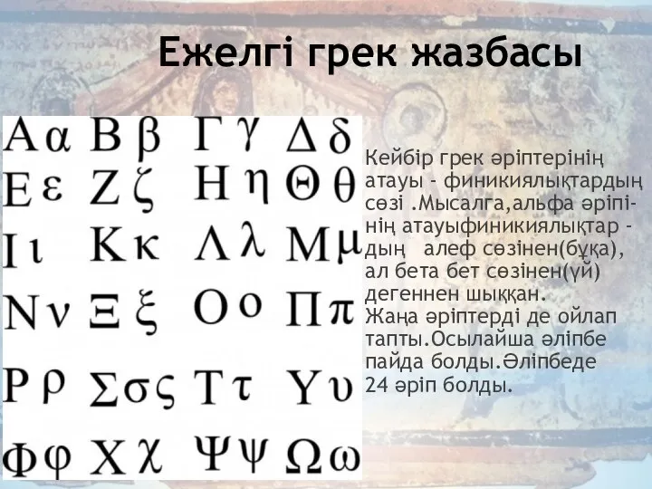 Кейбір грек әріптерінің атауы - финикиялықтардың сөзі .Мысалга,альфа әріпі- нің атауыфиникиялықтар