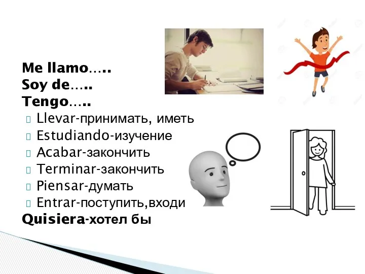 Me llamo….. Soy de….. Tengo….. Llevar-принимать, иметь Estudiando-изучение Acabar-закончить Terminar-закончить Piensar-думать Entrar-поступить,входить Quisiera-хотел бы